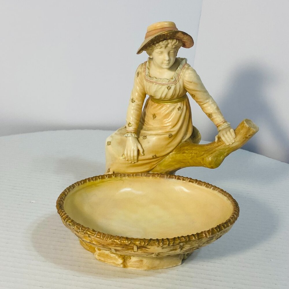 Antique James Hadley Royal Worcester Porcelain Girl with Basket Candy Dish,1889